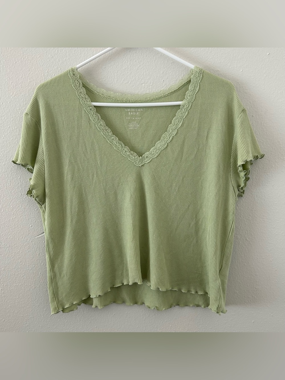 American Eagle AE Soft & Sexy Light Sage Green Top Size S Lace Trim Lettuce Hem
